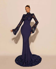 High Neck Lace Long Sleeves Long Mermaid Formal Dress With Pleated