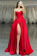 Strapless Sleeveless Long High Split Formal Dress With Pleated
