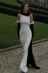 White Sleeveless Mermaid Long Formal Dress With Pleated Gloves