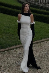 White Sleeveless Mermaid Long Formal Dress With Pleated Gloves