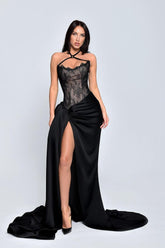 Black Halter Sleeveless Appliques Long Formal Dress With High Split