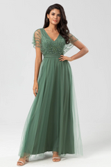 Tulle Short Sleeves V Neck A Line Long Formal Dress With Appliques