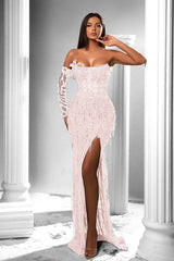 Strapless Long Sleeve High Split Long Formal Dress With Appliques