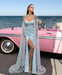 Long Formal Dress Baby Blue Sleeveless Strapless With High Slit