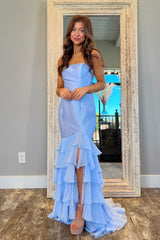 Strapless Sleeveless Mermaid Split Long Formal Dress With Ruffles