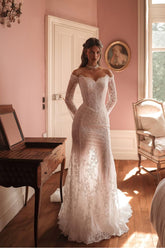 Off the Shoulder Long Sleeves Long Formal Dress With Lace Appliques