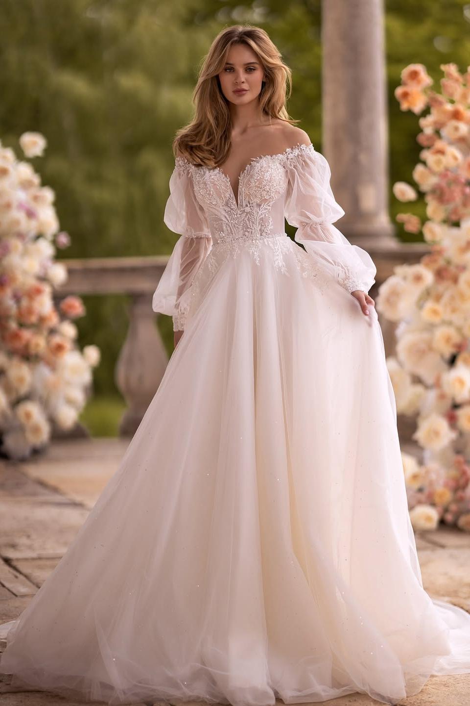 Off the Shoulder Long Sleeves Long Formal Dress With Appliques