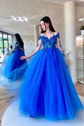 Royal Blue Long Sleeves Tulle A Line Long Formal Dress With Appliques Amazing