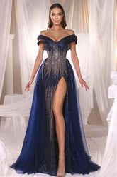 Navy Blue Off the Shoulder Beadings Strapless Long Formal Dress With High Split