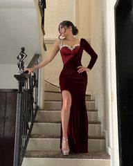 One Shoulder Long Sleeve Long Mermaid Split Formal Dress With Beading