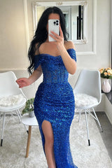 Sequins Off the Shoulder Sleeveless Long Mermaid Formal Dress With Split