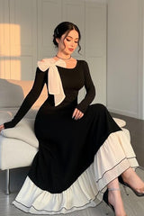 Black Long Sleeves Long Mermaid Formal Dress With Pleated Bowknot