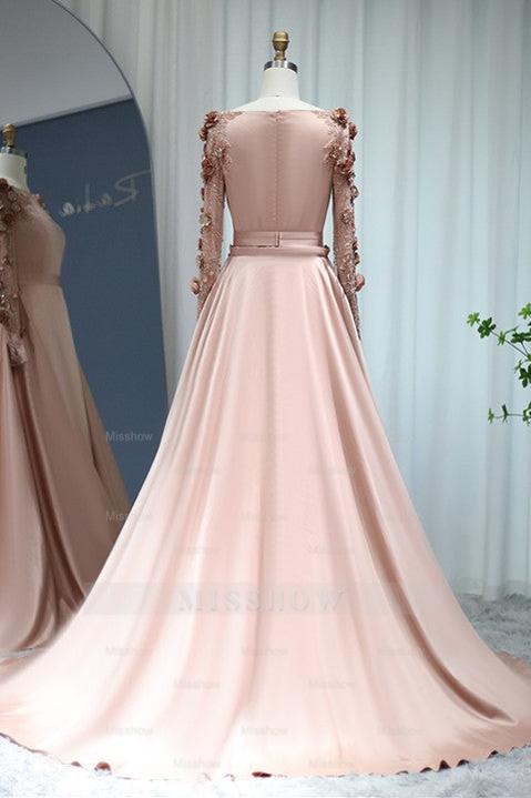 A Line Bateau Formal Dress Long Sleeves Sweep With Flower Appliques