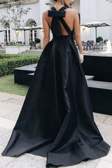A-Line Black V-Neck Sleeveless A-Line Halt Charming Stain Prom Evening Dresses with Bow