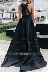 A-Line Black V-Neck Sleeveless A-Line Halt Charming Stain Prom Evening Dresses with Bow