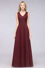 A-Line Chiffon Lace V-Neck Sleeveless Floor-Length Bridesmaid Dresses with Ruffles