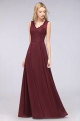 A-Line Chiffon Lace V-Neck Sleeveless Floor-Length Bridesmaid Dresses with Ruffles