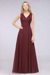 A-Line Chiffon Lace V-Neck Sleeveless Floor-Length Bridesmaid Dresses with Ruffles