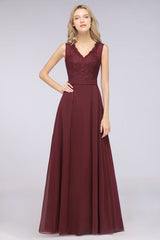 A-Line Chiffon Lace V-Neck Sleeveless Floor-Length Bridesmaid Dresses with Ruffles