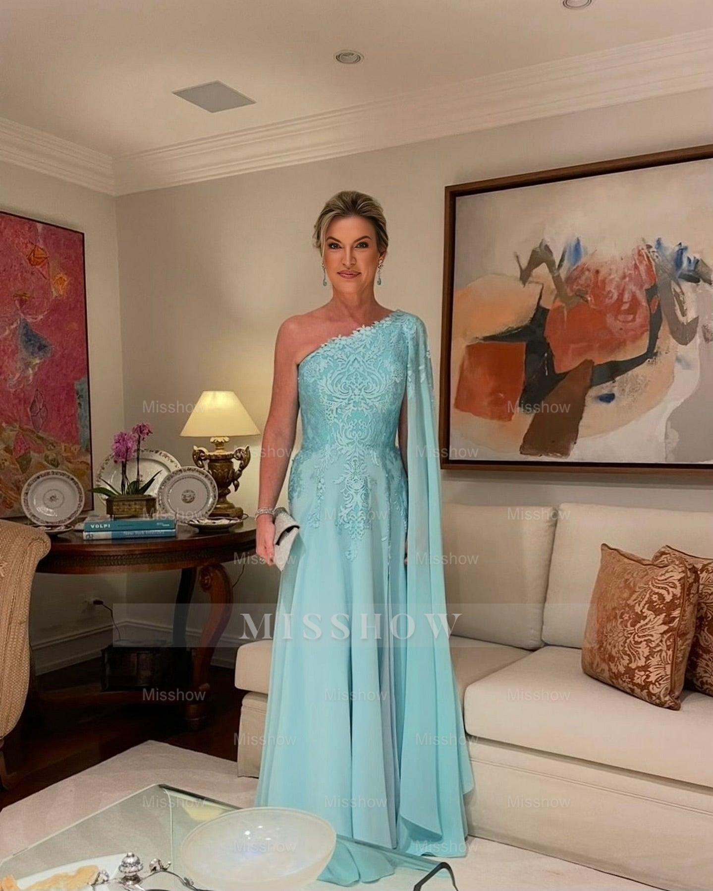 A-Line Chiffon Mother of The Bride Dress One-Shoulder Cap Sleeve Bridesmaid Dresses With Appliques