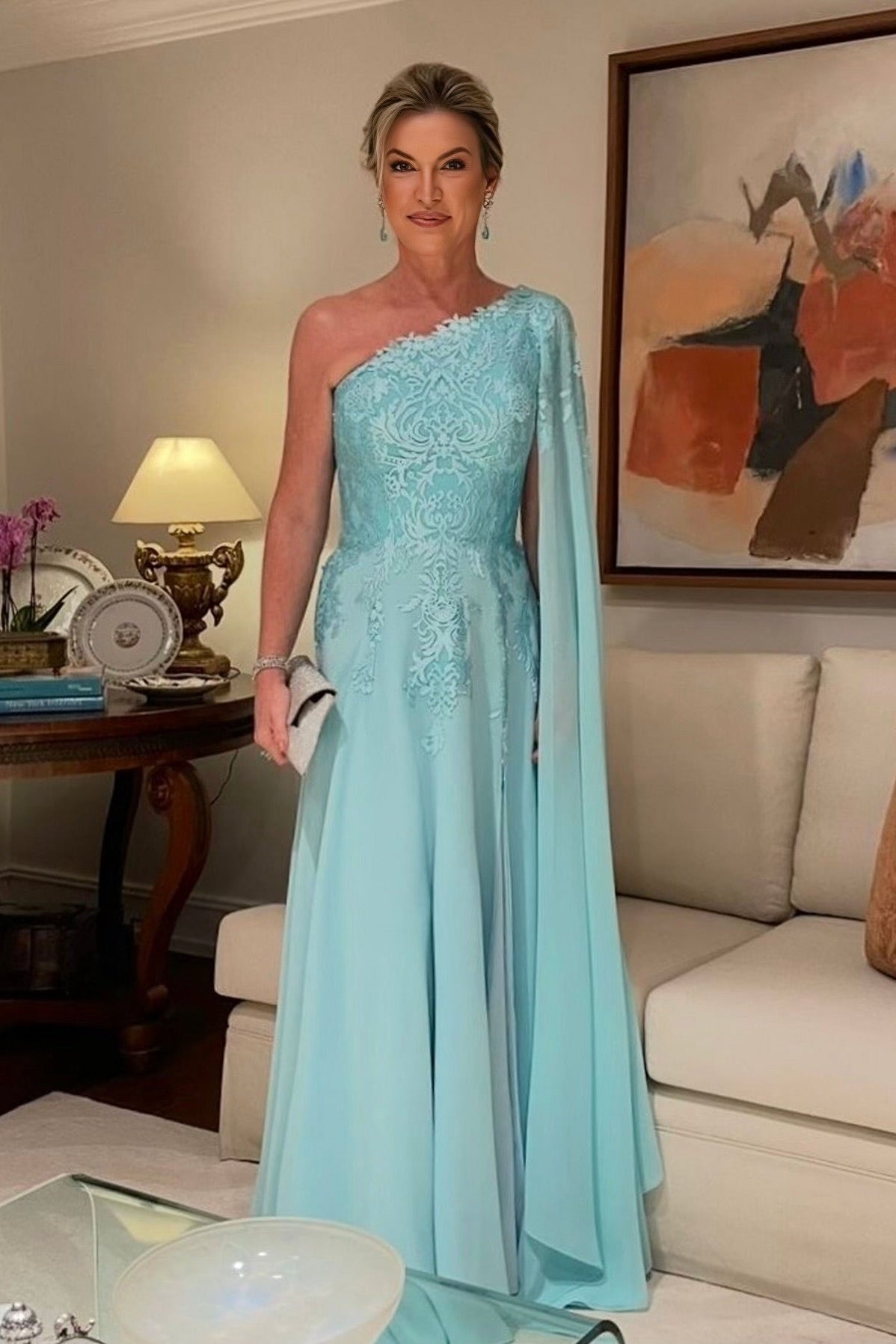 A-Line Chiffon Mother of The Bride Dress One-Shoulder Cap Sleeve Bridesmaid Dresses With Appliques