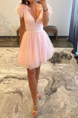 A Line Deep V Neck Light Pink Short Homecoming Dress with Feather
