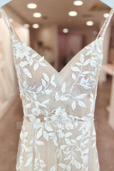 A-Line Floor-Length Sleeveless Spaghetti Straps V-Neck Split Front Wedding Dresses with Appliques