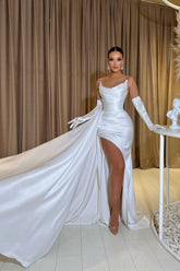 A-Line Floor-Length Sleeveless Strapless Charmeuse Split Front Stain Prom Evening Dresses with Ruffles