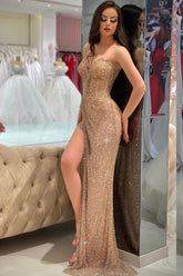 A-Line Gold Sleeveless Floor-Length Strapless Split Front Prom Evening Dresses with Sequins