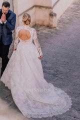 A-Line Long Sleeve Square Neck Floor-Length Tulle Open Back Wedding Dresses with Lace