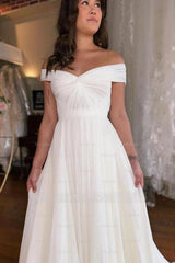 A-Line Off-The-Shoulder Floor-Length Short Sleeve Stain Wedding Dresses with Ruffles