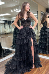 Black off-the-shoulder ruffled A-line prom dress