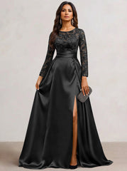 A-Line Scoop Satin Sequin Mother of the Bride Dresses Long Sleeves Floor-Length Wedding Guest with Split Side