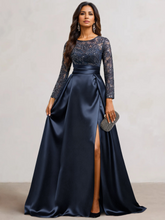 A-Line Scoop Satin Sequin Mother of the Bride Dresses Long Sleeves Floor-Length Wedding Guest with Split Side