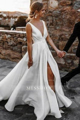A-Line Stain V-Neck Split Front Sleeveless Wedding Dresses with Ruffles