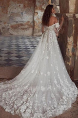 A-Line Sweetheart Floor-Length Strapless Tulle Wedding Dresses with Appliques