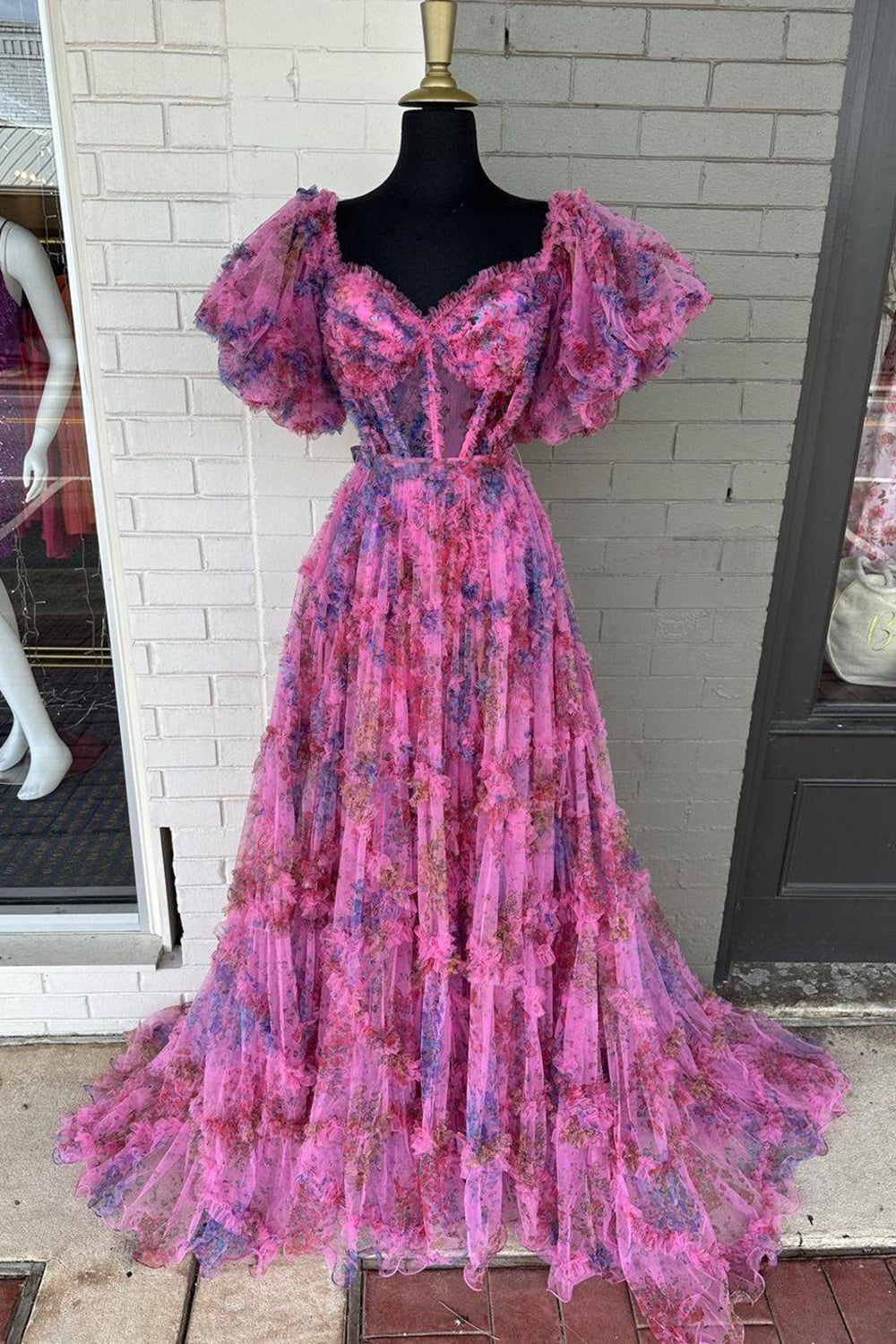 A Line Sweetheart Fuchsia Floral Printed Long Prom Dress with Short Sleeves 閳?Simply Unforgettable