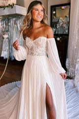 A-Line Sweetheart Long Sleeve Split Front Stain Wedding Dresses with Lace