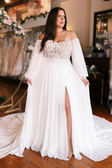 A-Line Sweetheart Long Sleeve Split Front Stain Wedding Dresses with Lace