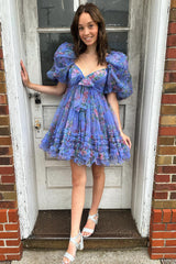 A-Line Sweetheart Puff Sleeves Fuchsia Floral Short Homecoming Dress with Ruffles