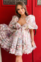 A-Line Sweetheart Puff Sleeves Fuchsia Floral Short Homecoming Dress with Ruffles
