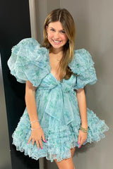 A-Line Sweetheart Puff Sleeves Light Green Floral Short Homecoming Dress with Ruffles