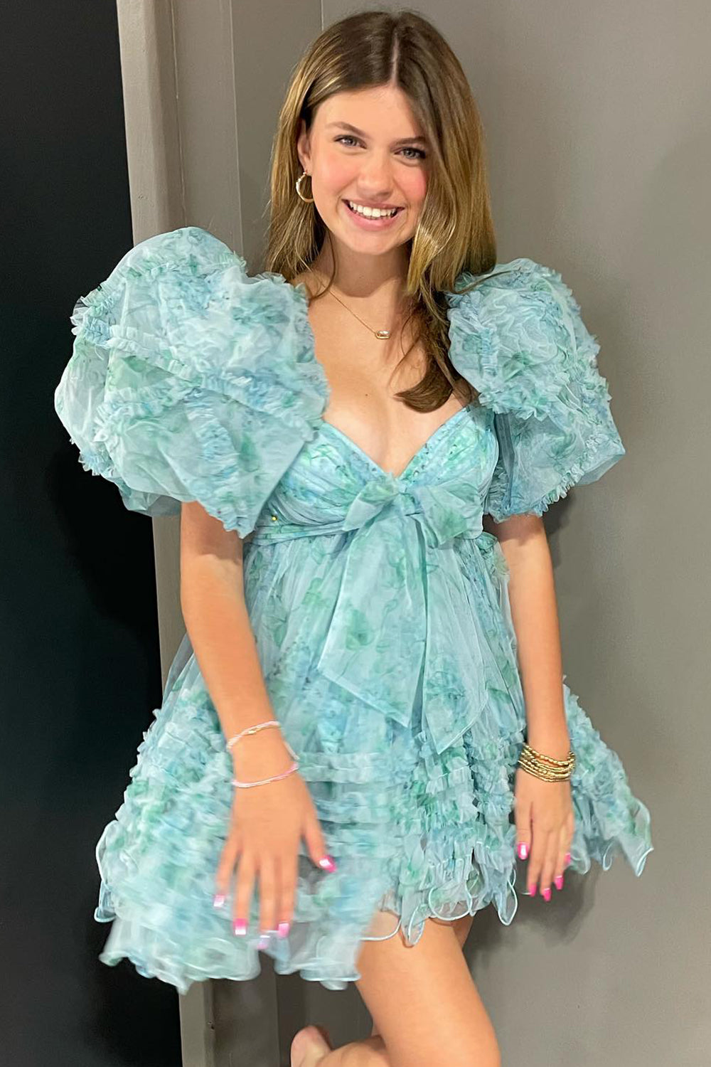 A-Line Sweetheart Puff Sleeves Light Green Floral Short Homecoming Dress with Ruffles