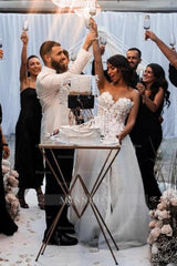 A-Line Tulle Sleeveless Floor-Length Sweetheart Split Front Wedding Dresses with Appliques