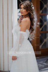 A-Line Tulle Strapless Mermaid Floor-Length Wedding Dresses with Lace