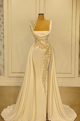 A-Line Wide Straps Square Neckline Beading Prom Evening Dresses With Side Slit