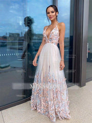 A-Line/Elegant Applique Tulle V-neck Sleeveless Floor-Length Prom Evening Dresses