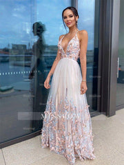 A-Line/Elegant Applique Tulle V-neck Sleeveless Floor-Length Prom Evening Dresses
