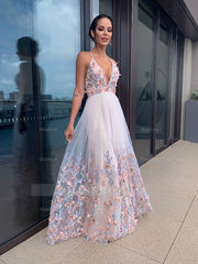 A-Line/Elegant Applique Tulle V-neck Sleeveless Floor-Length Prom Evening Dresses