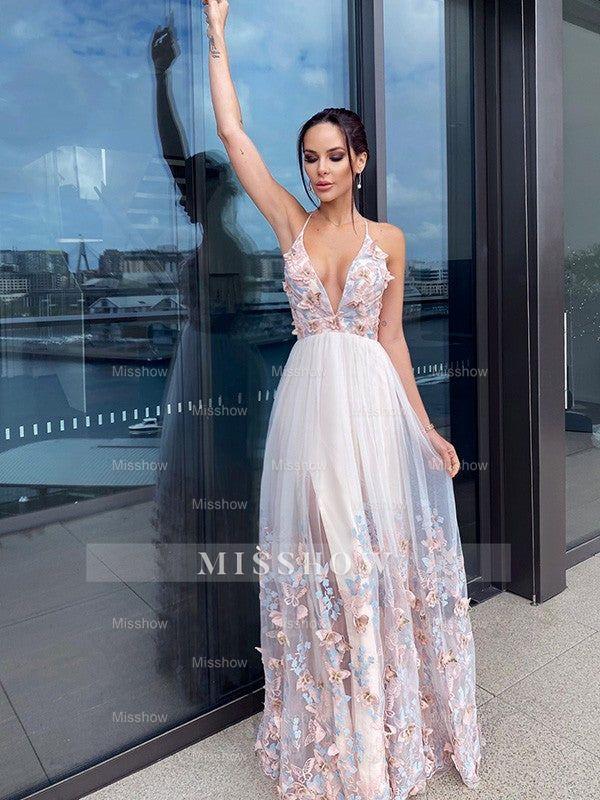 A-Line/Elegant Applique Tulle V-neck Sleeveless Floor-Length Prom Evening Dresses